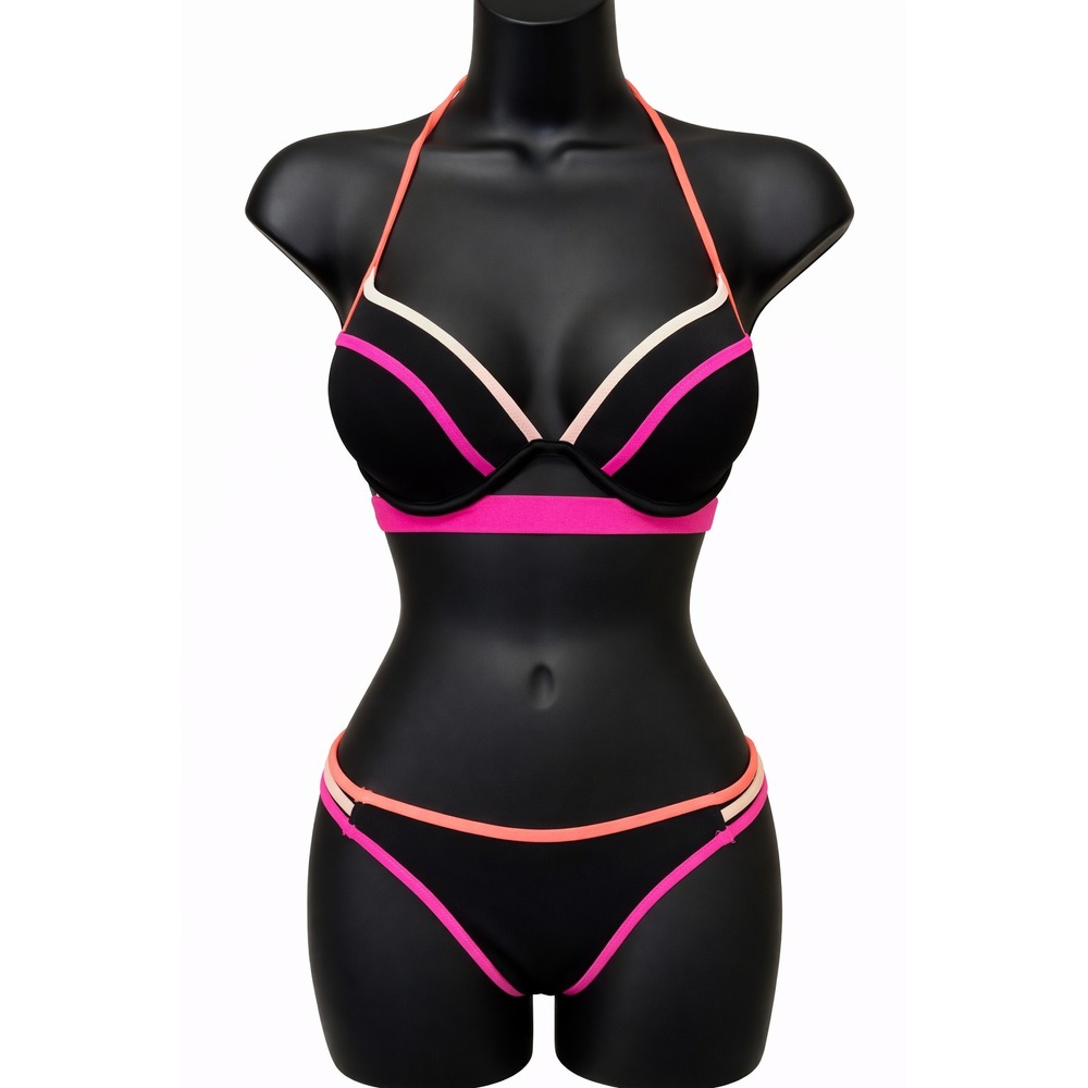 Victoria's Secret Womens Padded Bikini Size 34C/Small Black Hot Pink Orange Trim